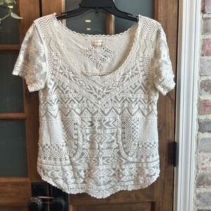 Meadow Rue Anthropologie Cream Embroidered Mesh Lace Scoop Neck Top Small